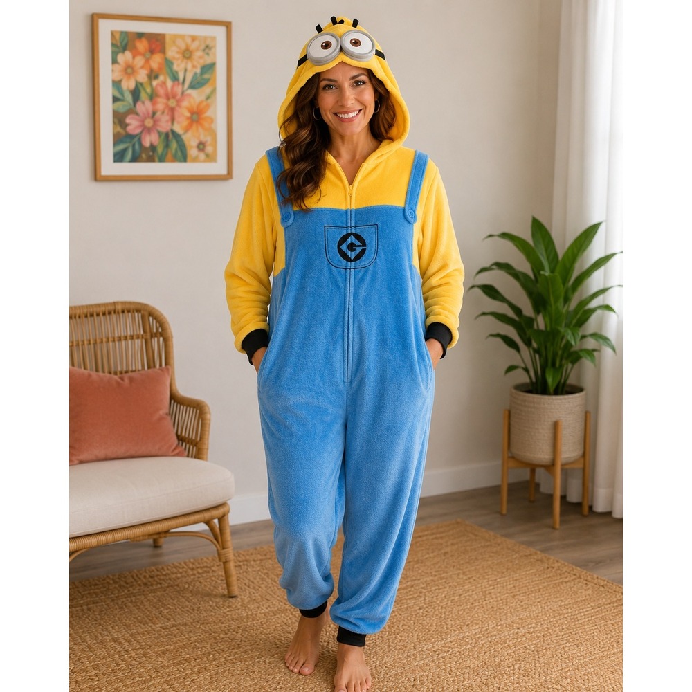 Despicable Me Minion Women Large 12/14 Yellow Blue Costume Pajamas Hooded